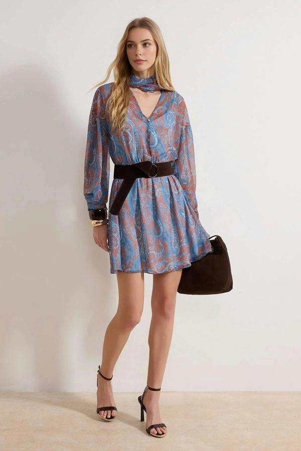 WOVCOR Scarf Detail Suede Belted Mini Woven Dress