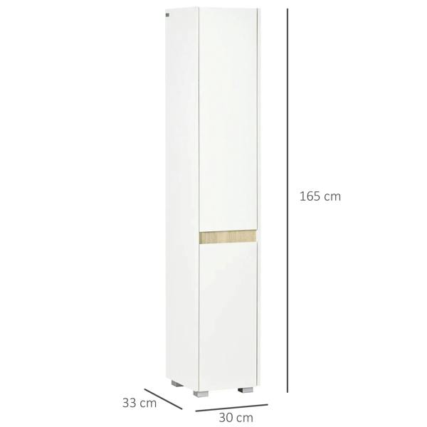 White tall cabinet, 165 cm high, 30 cm wide, 33 cm deep, two-door design