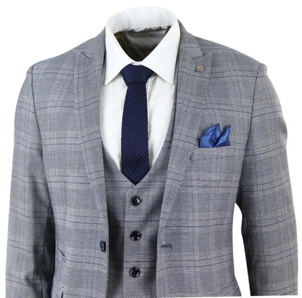 Marc Darcy Mens 3 Piece Grey Birdseye Check Classic Suit