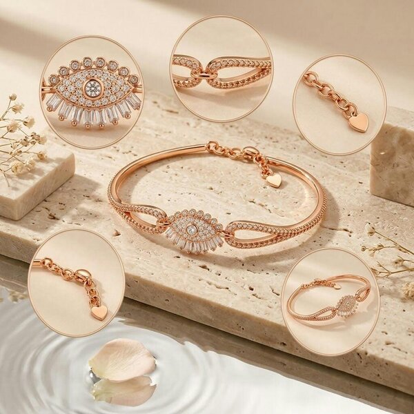 The Colourful Aura Rose Gold Plated Brass Evil Eye Sparkle Adjustable Bangle Bracelet