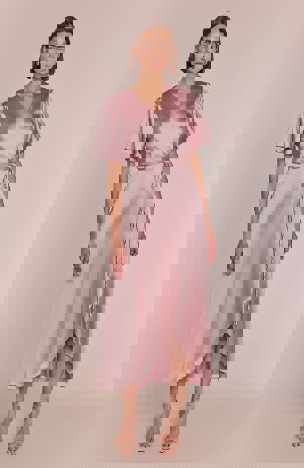 Rewritten London Florence Waterfall Dress in Rose Pink Satin