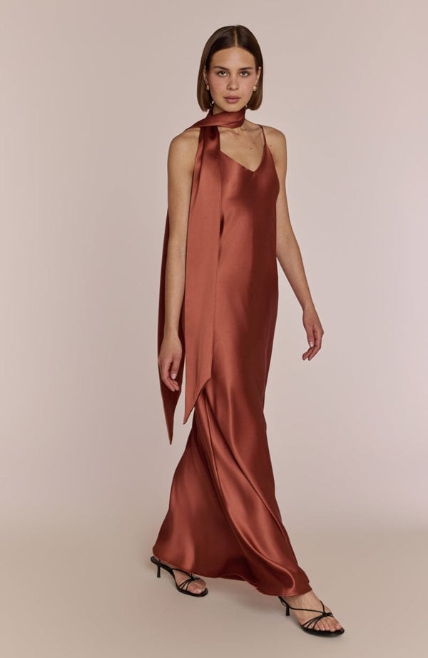 Rewritten London Brooklyn Dress in Terracotta Satin