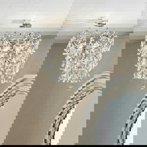 Decorative Flush Bathroom Ceiling 4 Light Fitting - Clear Glass Faceted Crystals