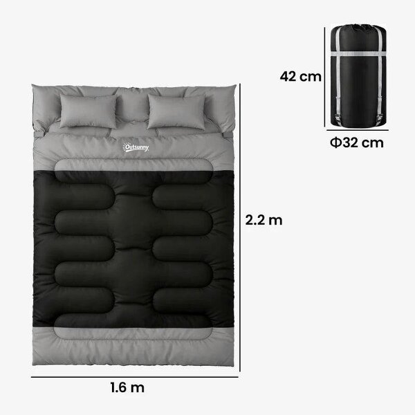 Double Sleeping Bag with 2 Pillows, 220 x 160 cm Extra-Large Sleeping Bag for Adults, Black and Grey