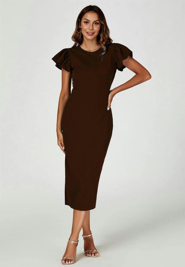 FS Collection Volume Sleeve Bodycon Midi Dress In Espresso