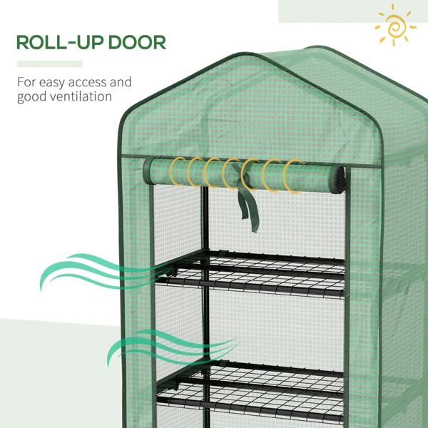 Green three-tier mini greenhouse with roll-up door and black wire shelves inside