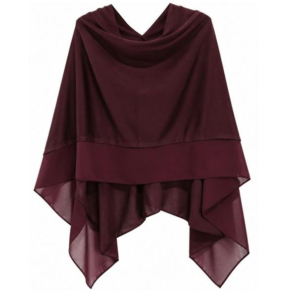Love EMVY Wool Blend Poncho Shawl Wrap with Contrast Chiffon Border