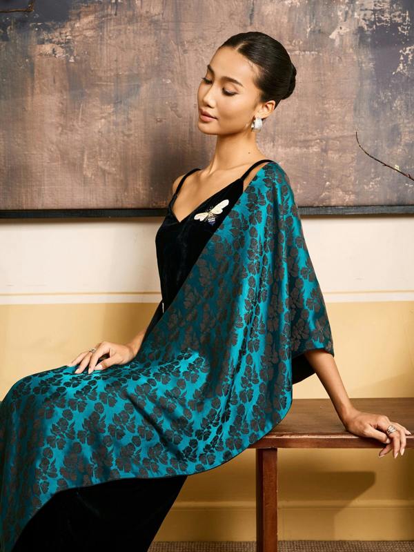 Teal & Black Reversible Jacquard Silk Shawl