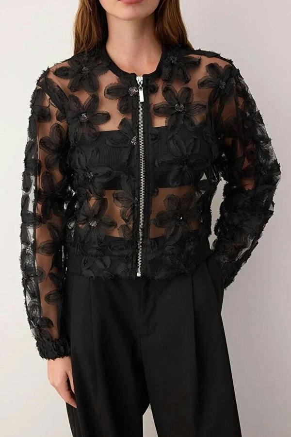 WOVCOR Floral Zippered Woven Bomber Jacket
