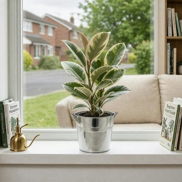 Ficus Tineke Rubber Plant – Elegant Variegated Green and Cream Indoor Houseplant - Galvanized Bucket