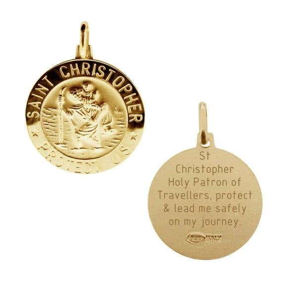 Christopher James of London 9ct Yellow Gold 15mm 3D St Christopher Pendant With Travellers Prayer and Optional Chain