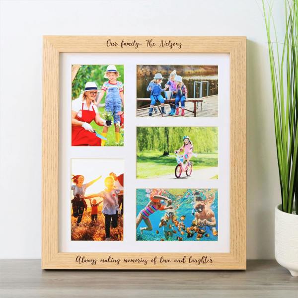 MijMoj Design Personalised Solid Oak Five Aperture Picture Frame with Mount - For 6x4" Photos, Natural Finish