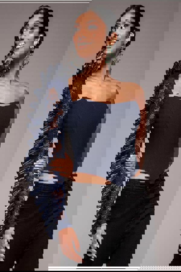 One Shoulder Fan Pleat Frill Corset Top - Navy Blue T232