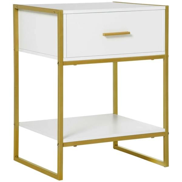 White bedside table with one drawer, open shelf, and gold metal frame.