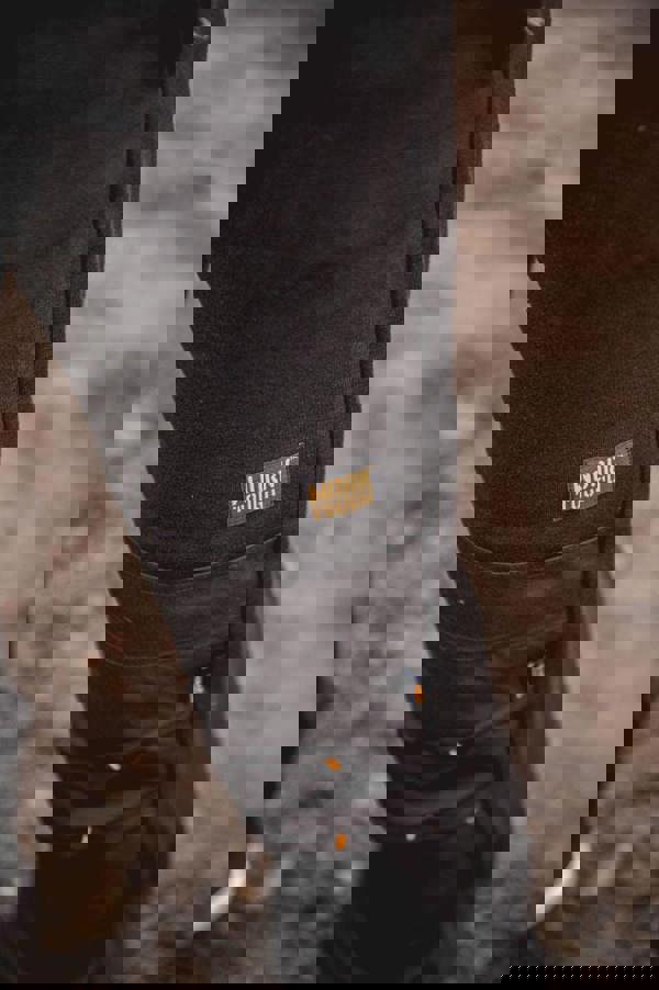 WorkTough Mens Cargo Stretch Fit Cordura Work Trouser Fleece Jogger, black tactical work pants with durable fabric, multiple pockets with zippers, and a WorkTough logo patch.