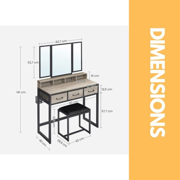 Rafaelo Mobilia 3 Drawer Dressing Table With Mirror And Stool Greige