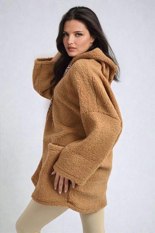 Melissa Drawstring Teddie Hoodie Jacket With Front Pockets - Camel