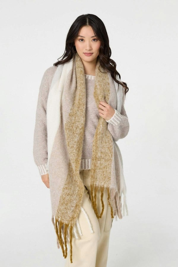 Beige | Striped Print Fringed Oversized Scarf
