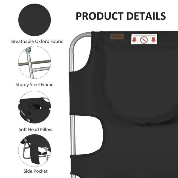 Foldable Sun Lounger, Beach Chaise Lounge - Reading Hole, Arm Slots, 5-Position Adjustable Backrest, Side Pocket, Pillow for Garden, Black