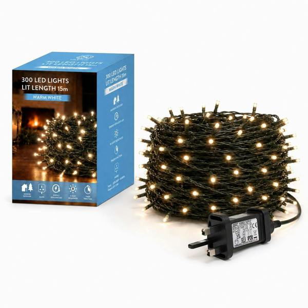 Warm White Fairy String Lights, Mains Powered, Green Cable, 8 Modes and Auto Timer - 200 to 1000 LEDs image 1