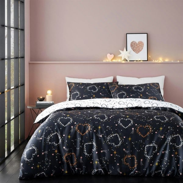 Catherine Lansfield Cosmic Hearts and Stars Black Duvet Cover Set