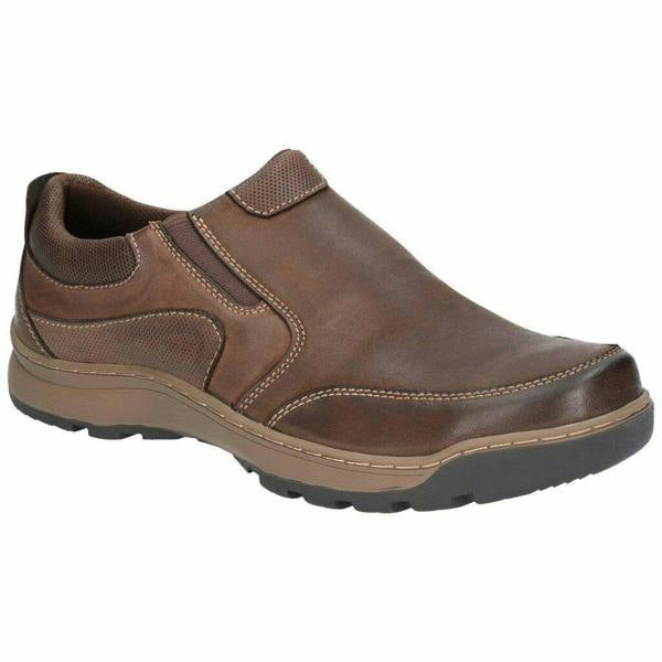 Hush Puppies Jasper Mens Casual Slip On Smart Leather Shoes, brown slip-on shoes with cushioned collar and stitched detailing.