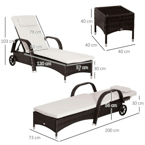 Bobobiy Rattan Sun Loungers Set of 2 with Side Table, Garden Recliner Sunbeds with Adjustable Back, 3 Pieces Garden Set, Brown