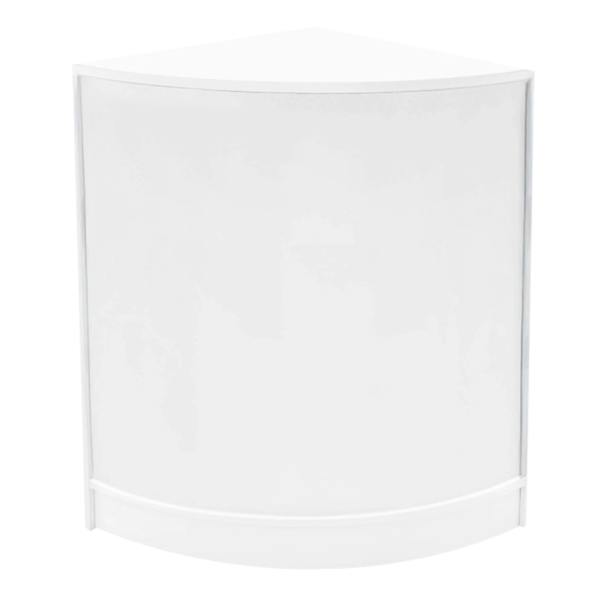 Curved white LED shop counter with a sleek design, ideal for retail displays, featuring a smooth surface and modern aesthetic