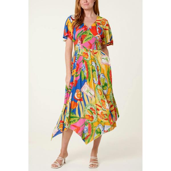 Blue Vanilla Shirred Waist Hanky Hem Dress