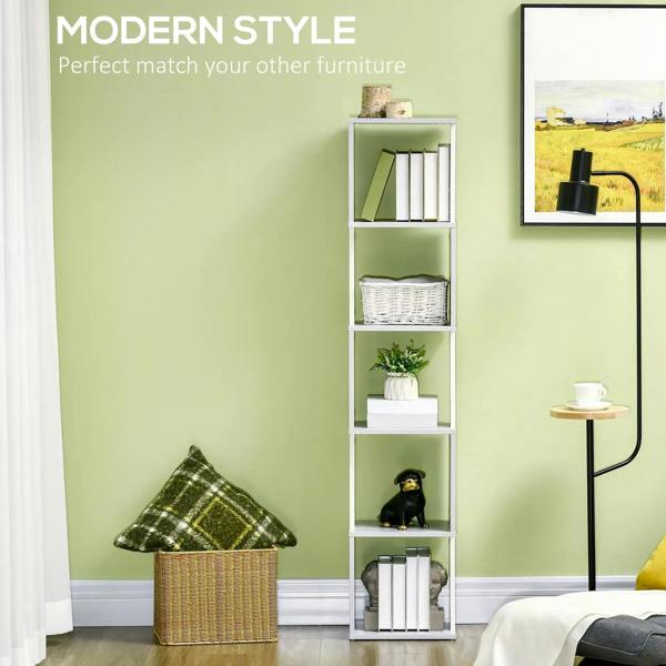 Freestanding 5-tier bookshelf with open shelves in white and light grey.