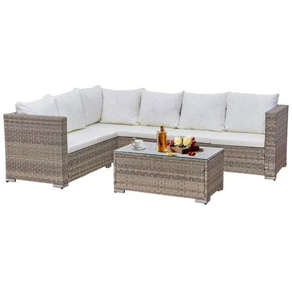 Oseasons Acorn Alt Rattan 6 Seat Corner Sofa Set in Dove Grey  with Creamy White Cushions