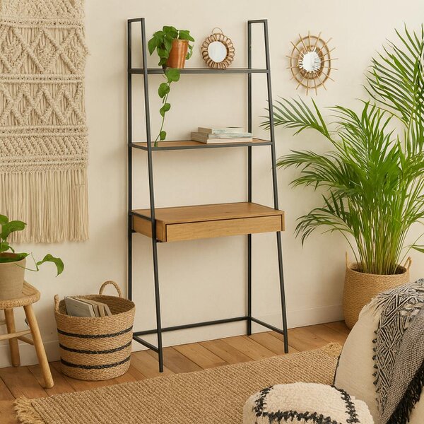 Wyld Haus El Paso Black Metal and Wild Oak Veneer Bookcase Desk 1 Drawer 2 Shelves