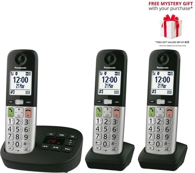Panasonic KX-TGU433EB Digital Cordless Landline Phone, Answering Machine, 3 Handsets - Free Gift RRP £15!
