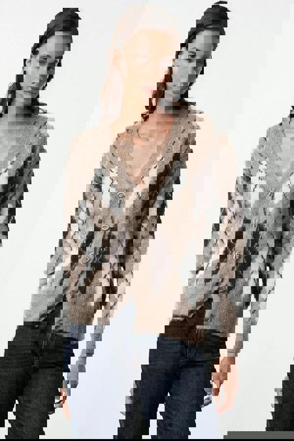 WOVCOR V-Neck Soft Texture Argyle Pattern Knit Cardigan