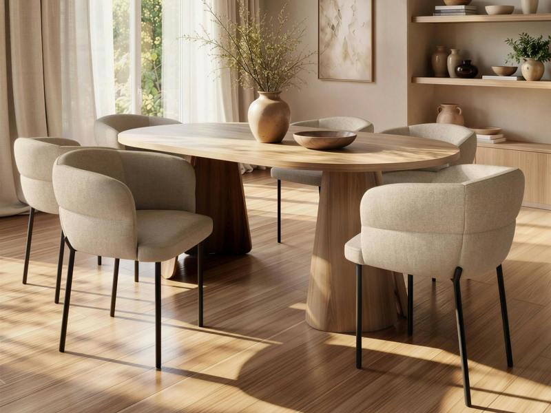 Ebony Oak Extendable Dining Set with 6 Elise Fabric Chairs Beige