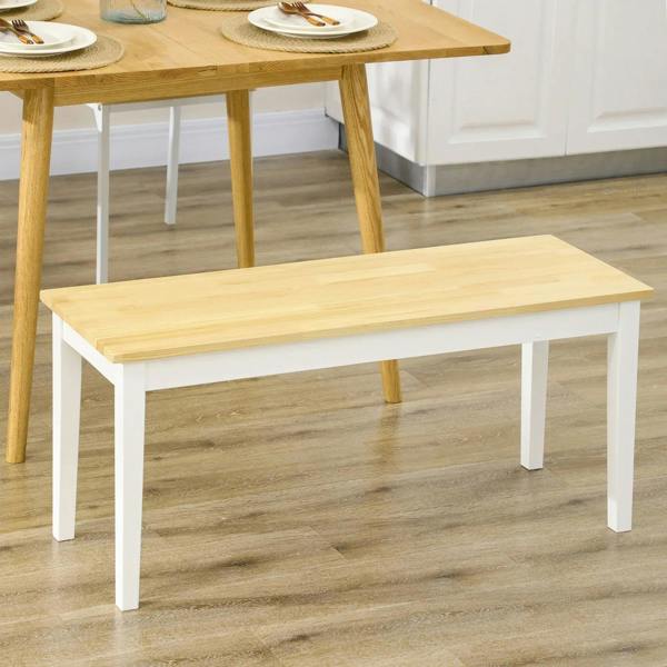 Light pine bench top on white legs, sized for two-seat dining use.