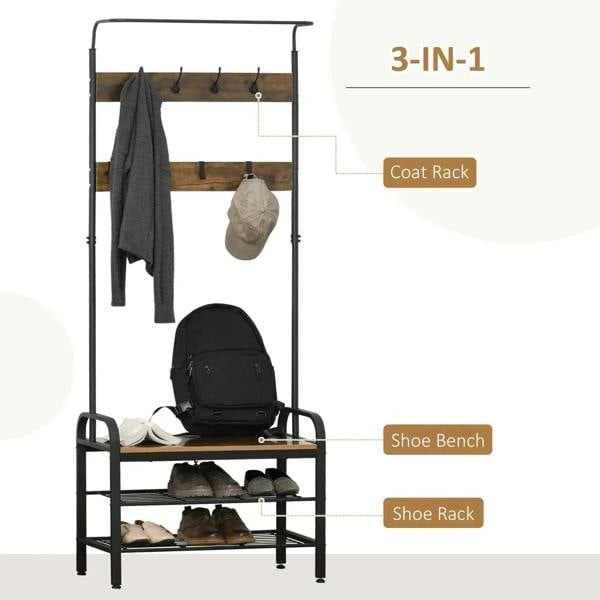 Coat rack and shoe bench with hanging hooks, wood panels, and three lower compartments