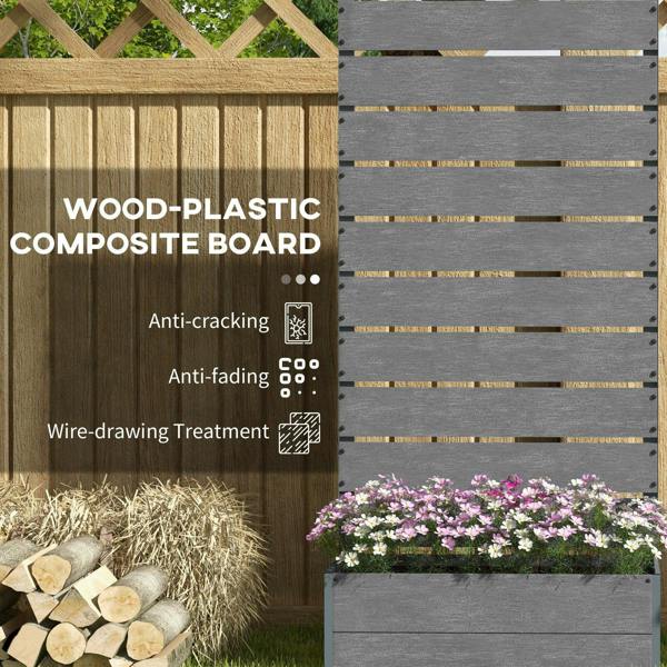 Dark grey wood-plastic composite planter panel with vertical slats and flower bed insert