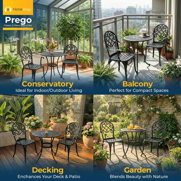 Homeology PREGO Garden and Patio Table and 2 Large Chairs with Armrests Cast Aluminium Bistro Set - Black