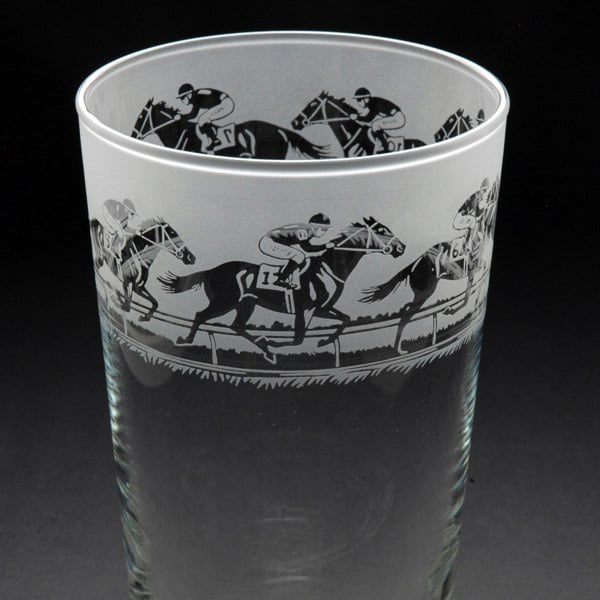 Glyptic Glass Art Horse Racing Pint Glass - Hand Etched/Engraved Gift