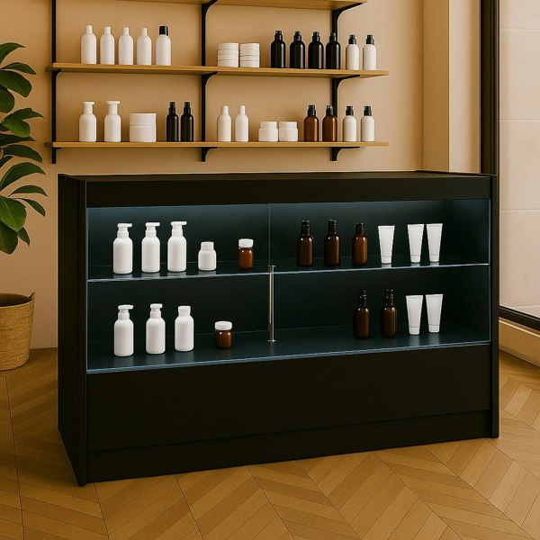 Sleek black LED retail shop counter C1500 with illuminated shelves, displaying various cosmetic bottles in a modern setting