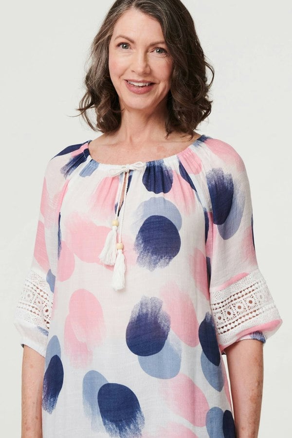 Pink | Printed Lace Trim Tassel Front Blouse
