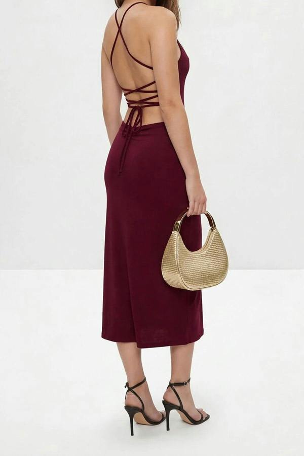 WOVCOR Backless Lace-up Strap Slit Detail Party Dress