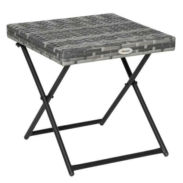 Grey woven rattan-style square folding side table with black steel X-frame