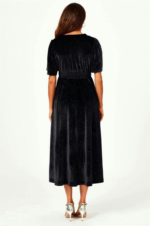 FS Collection V Neck Velvet Midi Dress In Black