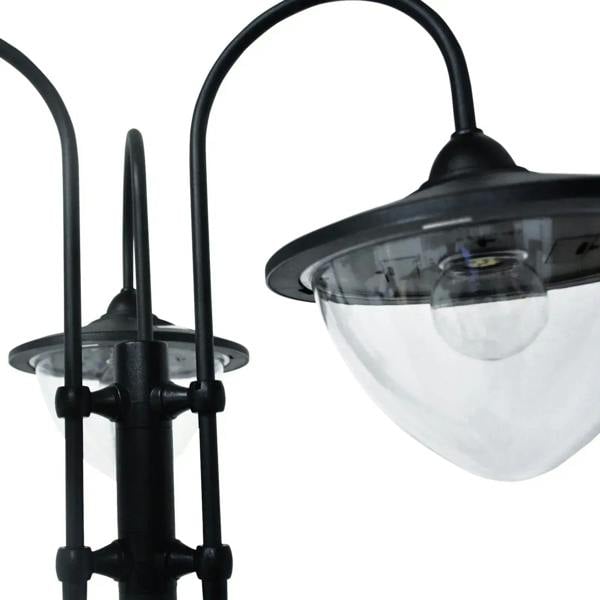 Black 3-head solar street lamp close-up of arched arms and frosted lantern glass