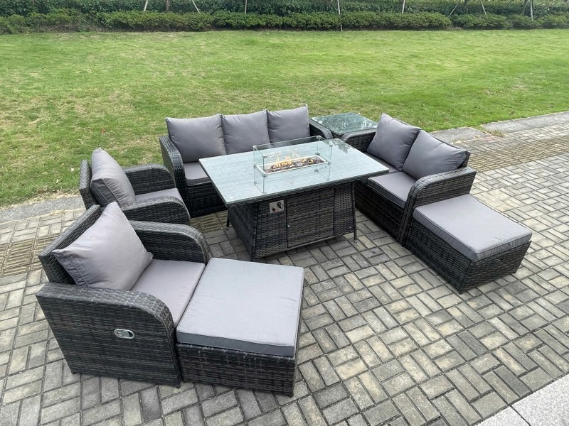 Fimous Rattan Outdoor Garden Furniture Set with Gas Fire Pit Table, 2 Sofas, 2 Chairs, 1 Side Table,  2 Footstools - 9 Seater - Dark Grey