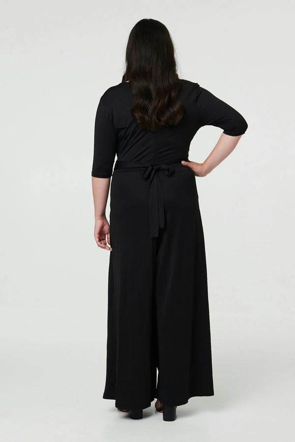 Black | Curve 1/2 Sleeve Wrap Wide Leg Jumpsuit
