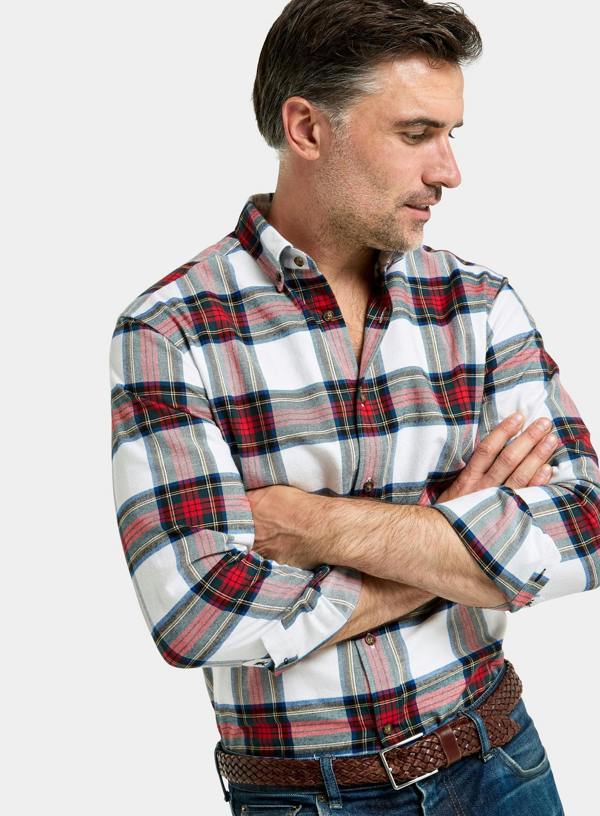 Button Down Flannel Shirt - Red and Beige Check