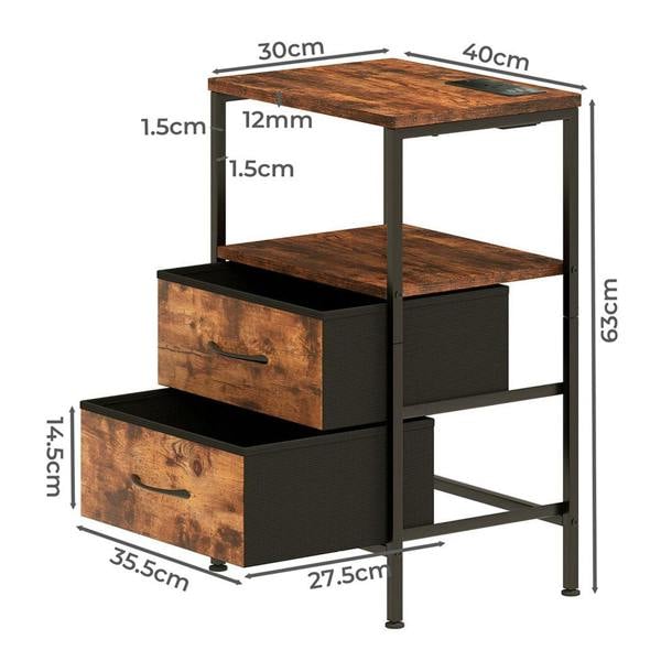 Levede LED Bedside Table 2 Drawers USB Ports Sofa End Table in Brown Black